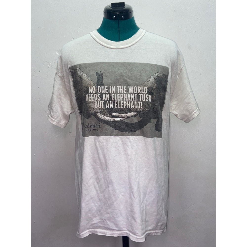 Kalahari Resorts Elephant Tusk Animal Rights Graphic Tee White Gildan Cotton M